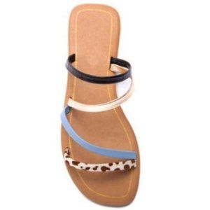 Strappy Slide Sandals in Black, Blue & Cow Print